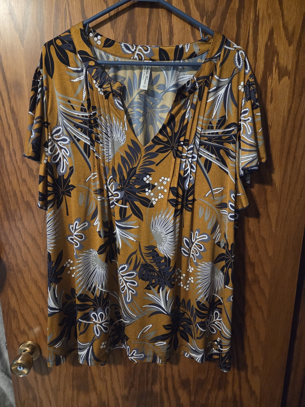 Perseption Mustard and Blue Tropical Print V-Neck Top